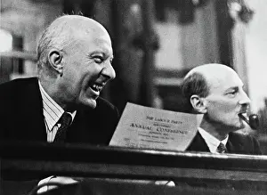 Prints of British politician Hugh Dalton, Chancellor of the Exchequer, laughing beside British politician Clement Attlee, Prime Minister of the United Kingdom, who smokes a pipe A Quiet Strength: A Leader Who Shaped Modern Britain: Hugh Dalton & Clement Attlee