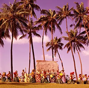 Guitar Prints: Hula Dancers Dancing Honolulu Hawaii Palm Trees Na