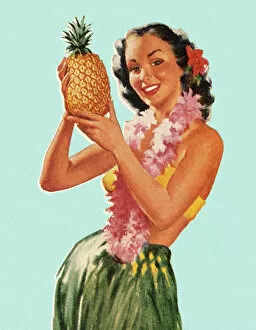 Images Dated 10th April 2013: Hula Girl Holding Pineapple