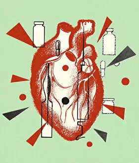 Printstock Collection: Human Heart and Medicine Containers
