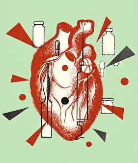 Printstock Collection: Human Heart and Medicine Containers