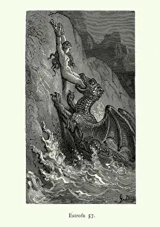 Human sacrifice chained to a rock, Sea monster, fantasy