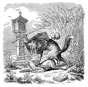 Kaulbach Prints: Humanized animals illustrations: Fox beating hare