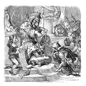 Kaulbach Prints: Humanized animals illustrations: Lion king giving medal to fox