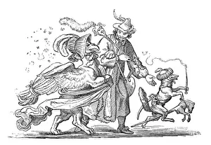 Humanized animals illustrations: Man with bird and fox