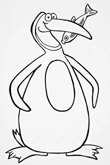 Humorous depiction of penguin with fish in beak