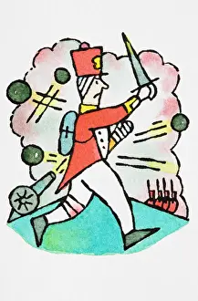 Humorous depiction of Redcoat Soldier rushing into battle holding sword