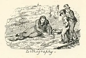 Sidewalk Prints: Humour pavement sailor art as lithography 19th century cartoon