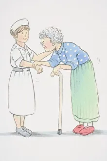 Hunched elderly woman leaning on a walking stick and holding on to wrist of smiling nurse, side view Support Gallery: Hunched elderly woman leaning on a walking stick and holding on to wrist of smiling nurse, side view