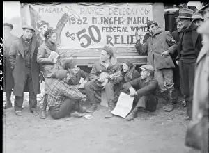 Hunger Marchers on Street with Large Signs