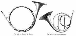 Images Dated 14th March 2017: Hunting trunk and french horn engraving 1881