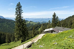 Hut on the Schreck-Alm alpine pasture, Geigelstein Nature Reserve, Aschau im Chiemgau, Upper Bavaria, Bavaria, Germany