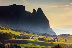 European Alps Collection: Huts and Sciliar mountain at sunset