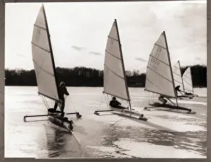 Mansfield Prints: Ice Boat Race on Frozen Reservoir
