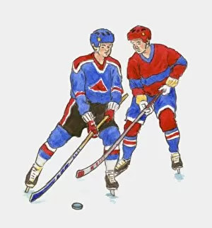 Ice-hockey players with sticks and puck