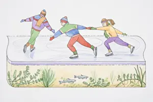 Togetherness Prints: Three ice-skaters on frozen pond or lake