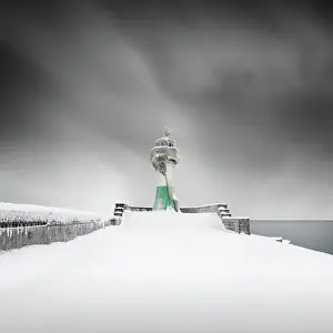 Prints of building, buildings, coastal area, coastal areas, coastal region, deserted, dock, drearyness, eastern germany, german federal republic, gray, grey, harbors, harbour, ice covered, ice-covered, icy Lighthouse Prints: Iced lighthouse in the harbour of Sassnitz, Ruegen, Germany