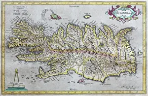 Iceland, hand-coloured copperplate engraving by Gerhard Mercator, 1595, Iceland