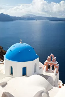 Mediterranean Gallery: Iconic blue domed church in Oia Santorini Greece