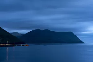 Illuminated dock, night mood, Eysturoy, Faroe Islands, Denmark