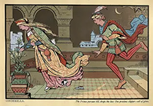 Illustrated Fairy tales, Cinderella losing the glass slipper, Vintage Illustration, 19th Century