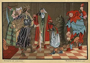 Illustrated Fairy tales, Mythology, Puss in Boots before the king, Jester, Vintage Illustration, 19th Century