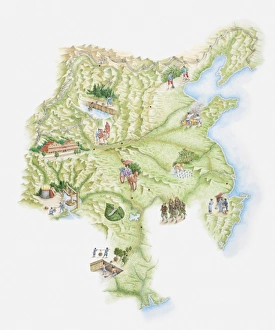 Illustrated Map Gallery: Illustrated map of ancient Chinese empire showing monuments, workers and warriors