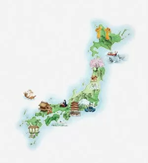 Japan Collection: Illustrated map of ancient Japan