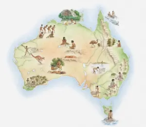 Background People Prints: Illustrated map of Australia showing wildlife and Aborigine population