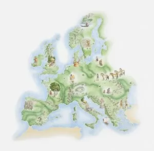 Illustrated Map Gallery: Illustrated map of Bronze Age civilisations across Europe, showing stone circles, settlements