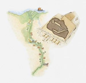 Illustrated Map Gallery: Illustrated map of Egypt showing position of pyramids and rock tombs along River Nile