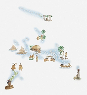 Illustrated Map Gallery: Illustrated map of New Zealand, Hawaiian Islands, Polynesian Islands and native population