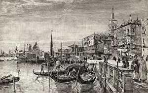 Illustrated View of Gondolas in Venice