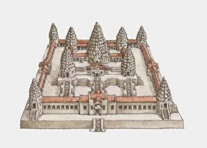 Illustration of 12th century Angkor Wat temple complex in Cambodia