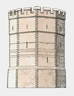 Fortified Wall Prints: Illustration of 14th century fortified round tower or salient