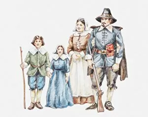 Pilgrim Collection: Illustration of 17th century pilgrim family