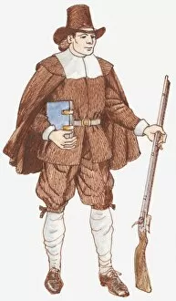 Images Dated 30th June 2011: Illustration of 17th century pilgrim holding bible and rifle