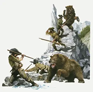 Animals Attacking Prints: Illustration of 18th century explorer Meriwether Lewis and his man using spears