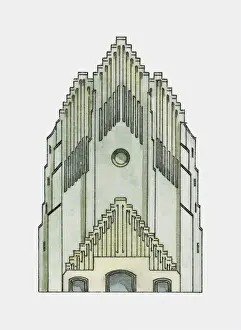 Expressionism Prints: Illustration of 1920s expressionist facade of Grundtvig Church