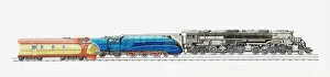 Illustration of 1934 M-10000 internal combustion engine (USA), 1938 4468 Mallard, 1941 Big Boy Steam locomotive (USA)