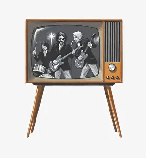 Television Set Prints: Illustration of 1960s pop band on black and white television