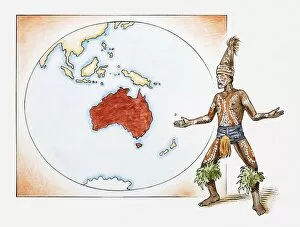 Images Dated 1st July 2010: Illustration of Aboriginal tribesman in front of a map of Australia