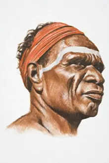 Headshot Prints: Illustration, Aboriginal tribesman wearing red headband, profile