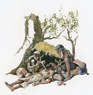 Lying On Back Prints: Illustration of Aborigine men caring for exhausted man in Australian outback