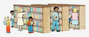 Book Collection: Illustration of adults and children looking at books in a library