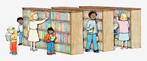 Mature Adult Gallery: Illustration of adults and children looking at books in a library