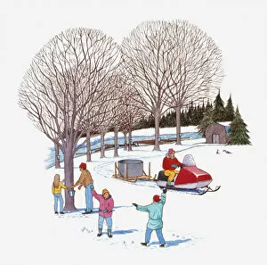 Illustration of adults and children using the natural resources snow and ice provide