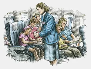 Two Parents Prints: Illustration air hostess serving drinks to passengers on commercial aircraft