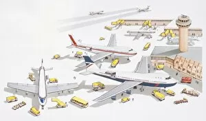 Passenger Gallery: Illustration of airport passenger terminal, support services attending to grounded planes