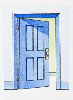 Images Dated 5th March 2008: Illustration of ajar blue door in house